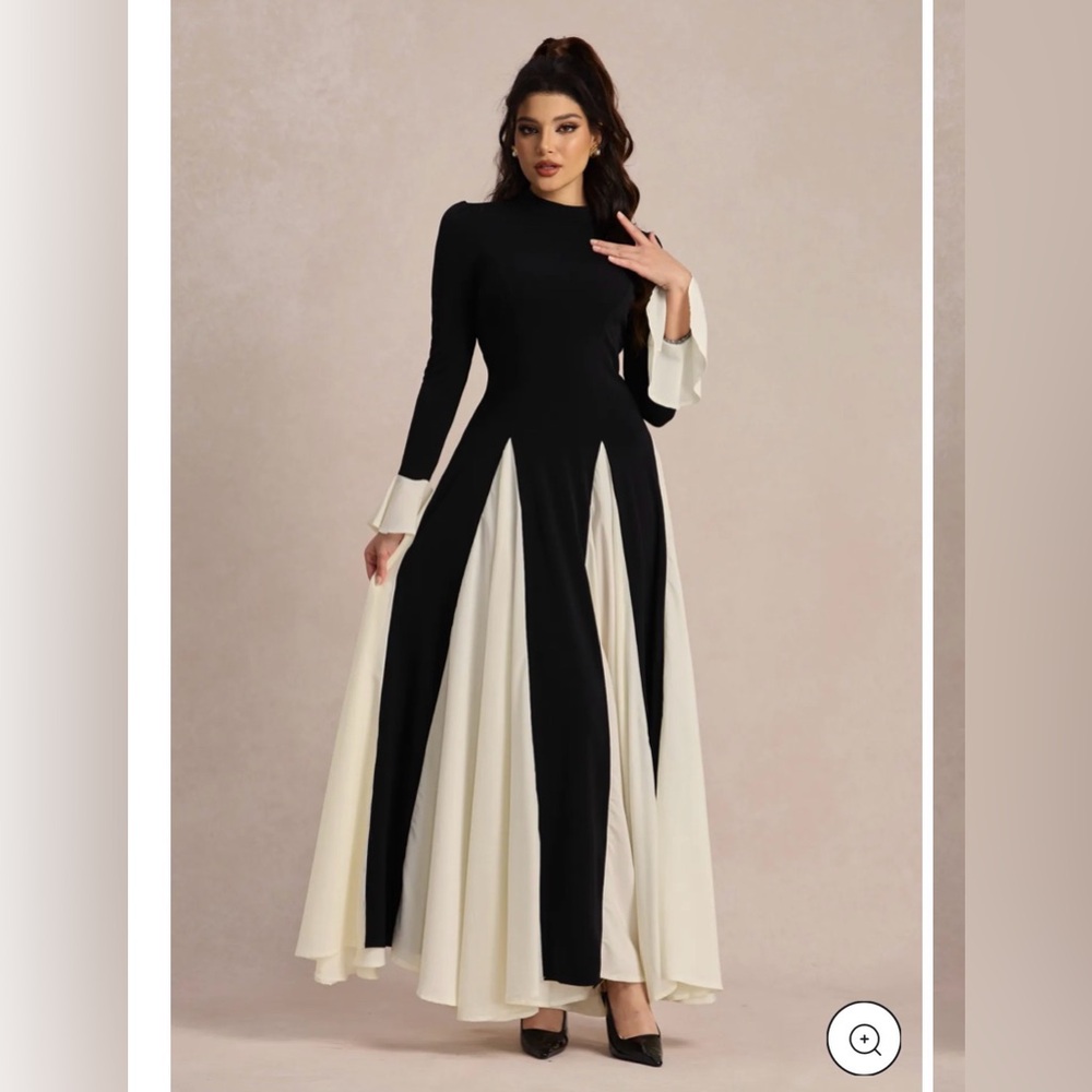 Black and Cream Color Block Panel Maxi Dress with Long Sleeves